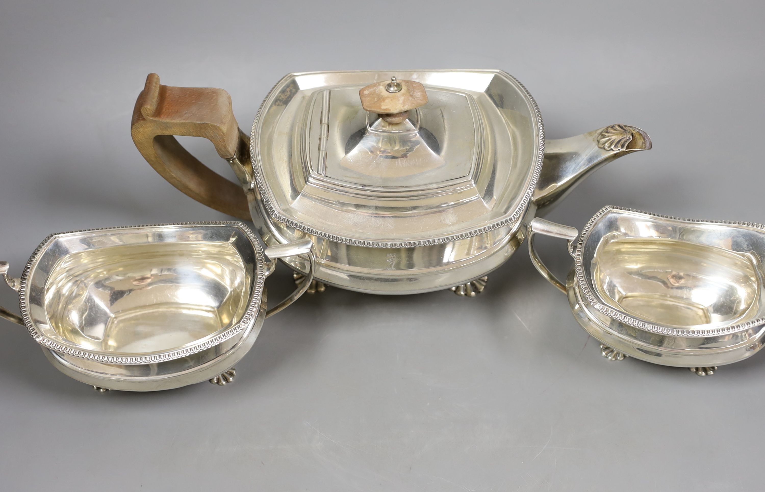 A George V silver three piece tea set, George Howson, Sheffield, 1929/30, gross 42oz.
